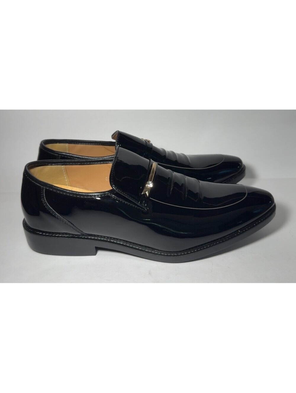 Mens Black Patent Fashion Loafers Gold Tone Metal Bar Accent Shoes 43